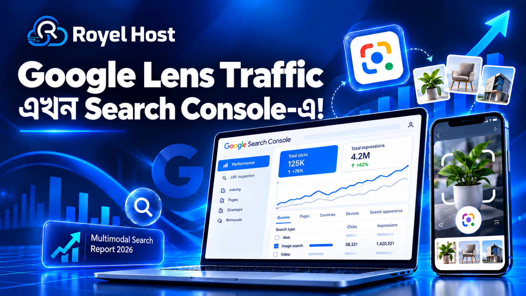 Google Search Console Multimodal Search Performance Report showing Google Lens and visual search traffic analytics