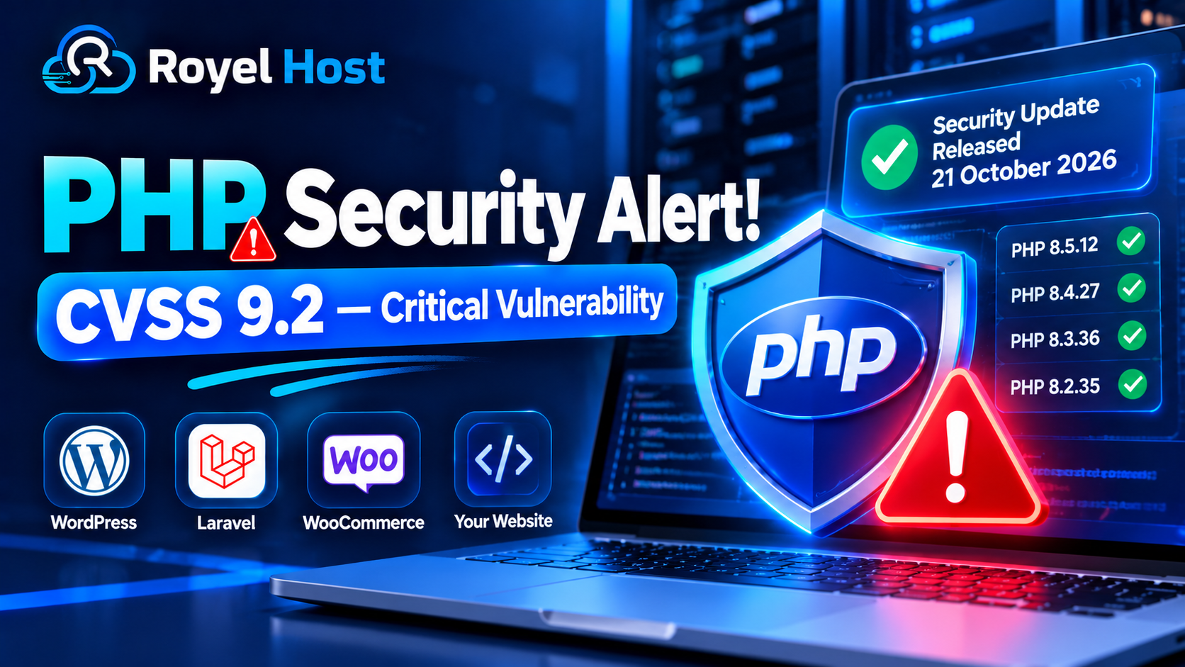 PHP Critical Security Update October 2026 showing CVSS 9.2 vulnerabilities and patched PHP versions with Royel Host branding.